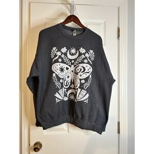 Charcoal Gray Sweatshirt XL Moon Moth Mushroom Folk Graphic Cozy Pullover